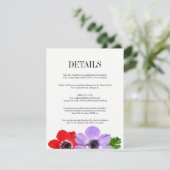 Waterverf Anemone Floral Wedding Details Kaart (Staand voorkant)