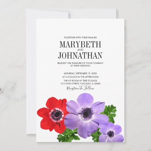 Waterverf Anemone Floral Wedding Invitation Card Kaart (Voorkant)