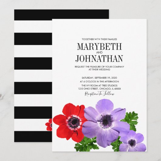 Waterverf Anemone Floral Wedding Invitation Card Kaart (Voorkant / Achterkant)