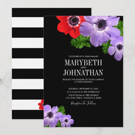 Waterverf Anemone Floral Wedding Invitation Card Kaart (Voorkant / Achterkant)