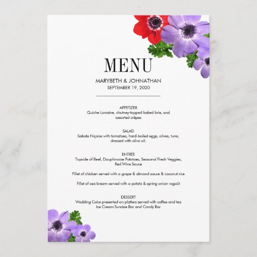Waterverf Anemone Floral Wedding Menu Card (Voorkant)