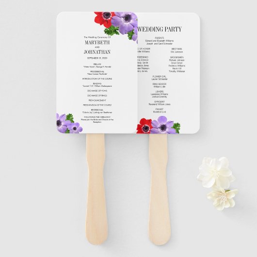 Waterverf Anemone Floral Wedding Programme Fans Handwaaier (Voorkant en achterkant)