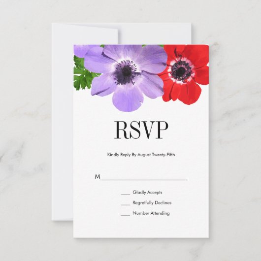 Waterverf Anemone Floral Wedding RSVP Kaart (Voorkant)