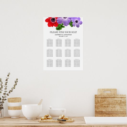 Waterverf Anemone Floral Wedding Seating Chart Poster (Keuken)