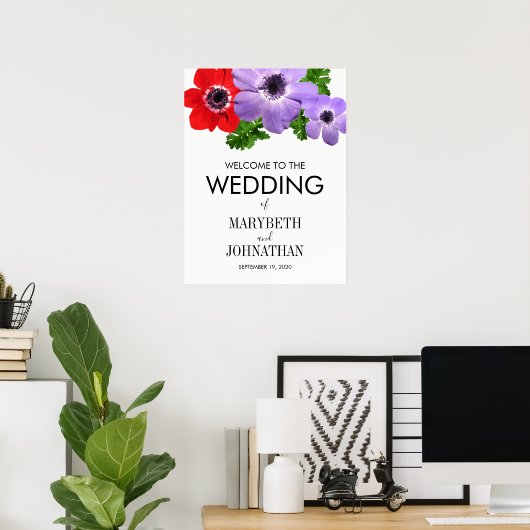 Waterverf Anemone Floral Wedding Welcome Sign Poster (Thuiskantoor)