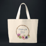 Waterverf Anemone Flower Wedding Grote Tote Bag<br><div class="desc">Deze bruiloft canvas tassen hebben een elegant blauw schrift op een witte achtergrond omringd door prachtige Anemone bloemen in roze, lavendel, blauw, paarse en violet met groene bladeren. De tekst kan worden aangepast door de tekstvakken te bewerken. Ontworpen voor u door Evco Studio © op www.zazzle.com/store/evcostudio #wedding #motherofthegroom #bridalparty #tas...</div>