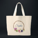 Waterverf Anemone Flower Wedding Grote Tote Bag<br><div class="desc">Deze bruiloft canvas tassen hebben een elegant blauw schrift op een witte achtergrond omringd door prachtige Anemone bloemen in roze, lavendel, blauw, paarse en violet met groene bladeren. De tekst kan worden aangepast door de tekstvakken te bewerken. Ontworpen voor u door Evco Studio © op www.zazzle.com/store/evcostudio #wedding #bride #bridalparty #tas...</div>