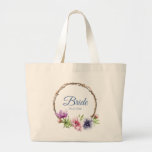 Waterverf Anemone Flower Wedding Grote Tote Bag<br><div class="desc">Deze bruiloft canvas tassen hebben een elegant blauw schrift op een witte achtergrond omringd door prachtige Anemone bloemen in roze, lavendel, blauw, paarse en violet met groene bladeren. De tekst kan worden aangepast door de tekstvakken te bewerken. Ontworpen voor u door Evco Studio © op www.zazzle.com/store/evcostudio #wedding #bride #bridalparty #tas...</div>