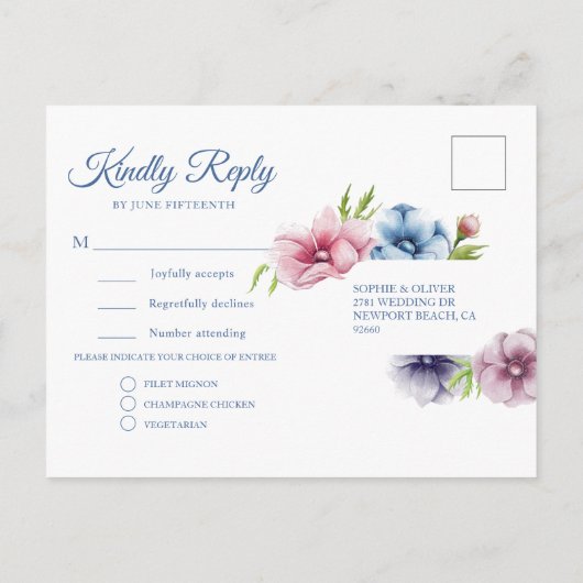 Waterverf Anemone Flower Wedding RSVP Uitnodiging Briefkaart (Achterkant)