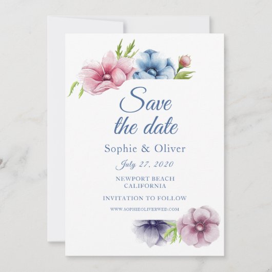 Waterverf Anemone Flower Wedding Save The Date (Voorkant)