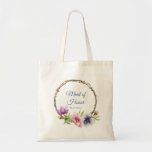 Waterverf Anemone Flower Wedding Tote Bag<br><div class="desc">Deze bruiloft canvas tassen hebben een elegant blauw schrift op een witte achtergrond omringd door prachtige Anemone bloemen in roze, lavendel, blauw, paarse en violet met groene bladeren. De tekst kan worden aangepast door de tekstvakken te bewerken. Ontworpen voor u door Evco Studio © op www.zazzle.com/store/evcostudio #wedding #maidofhonor #bridalparty #tas...</div>