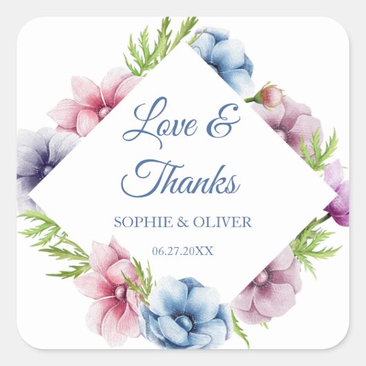 Waterverf Anemone Flower Wedding Vierkante Sticker (Voorkant)