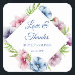 Waterverf Anemone Flower Wedding Vierkante Sticker<br><div class="desc">Deze bruiloft "Love & Bedankt" stickers hebben een elegant blauw schrift op een witte achtergrond, omringd door prachtige Anemone bloemen in roze, lavendel, blauw, paarse en violet met groene bladeren. De tekst kan worden aangepast door de tekstvakken te bewerken. Ontworpen voor u door Evco Studio © op www.zazzle.com/store/evcostudio #wedding #sticker...</div>