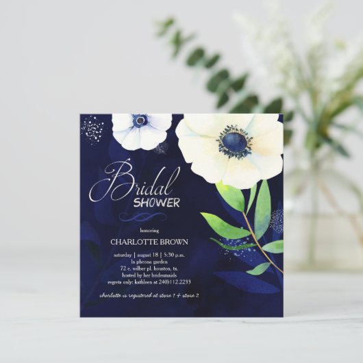 Waterverf Anemone Navy Blue Vrijgezellenfeest Kaart (Staand voorkant)