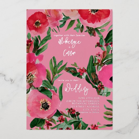 Waterverf Anemone Pink Wedding Folie Uitnodiging (Voorkant)
