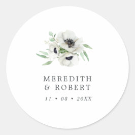Waterverf Anemonen Zwart & Wit Winterbruiloft Ronde Sticker