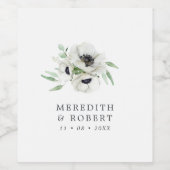 Waterverf Anemonen Zwart & Wit Winterbruiloft Wijn Etiket (Enkel label)