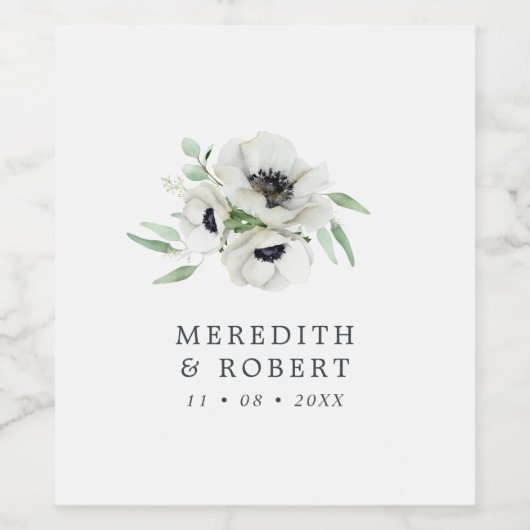 Waterverf Anemonen Zwart & Wit Winterbruiloft Wijn Etiket (Enkel label)