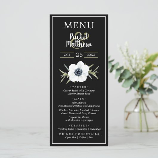 Waterverf Anemones Zwart-wit bruiloft Menu (Staand voorkant)