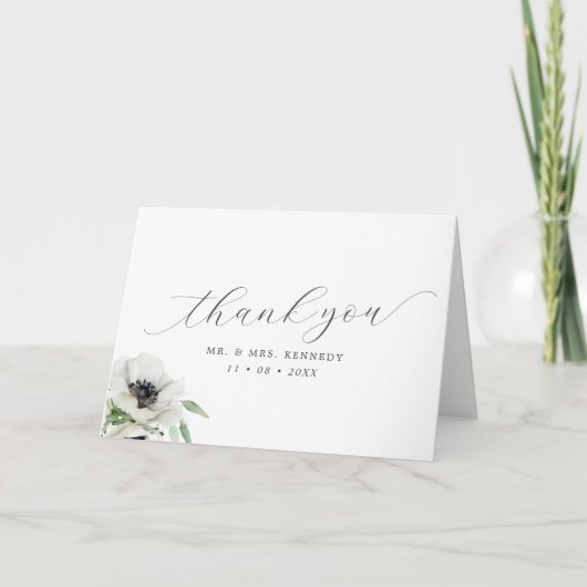 Waterverf Anemones Zwart & Wit Script Bruiloft Bedankkaart (Voorkant)