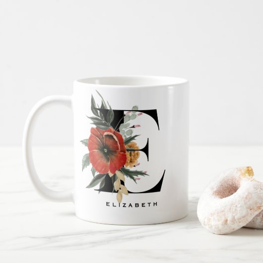 Waterverf Anemoon Botanische Letter E Monogram Koffiemok (Met donut)