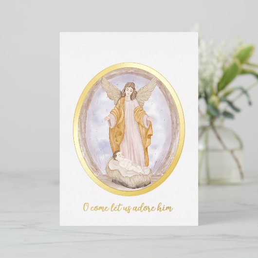 Waterverf Angel en baby Jezus met kerstmis Folie Feestdagenkaart (Staand Voorkant)