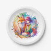  Waterverf Anime Girl en Fox Birthday Papieren Bordje (Voorkant)