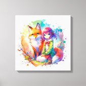 Waterverf Anime Girl en Fox Canvas Afdruk (Voorkant)