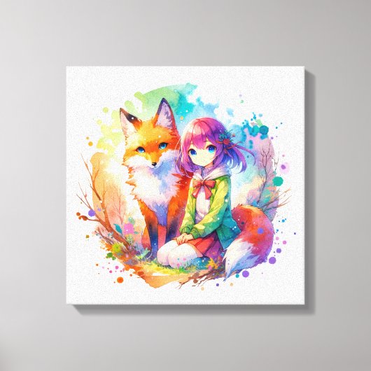 Waterverf Anime Girl en Fox Canvas Afdruk (Voorkant)