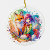  Waterverf Anime Girl en Fox Christmas Keramisch Ornament (Voorkant)