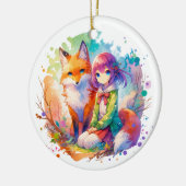  Waterverf Anime Girl en Fox Christmas Keramisch Ornament (Links)