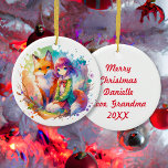 Waterverf Anime Girl en Fox Christmas Keramisch Ornament<br><div class="desc">Gepersonaliseerde kerstversiering.  waterverf AI-kunst op stickers voor een klein meisje. Een vos met een anime meisje in roze,  groen,  blauw en sinaasappel.</div>