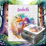 Waterverf Anime Girl en Fox Puzzel<br><div class="desc">Gepersonaliseerde  waterverf ai art acryl puzzel. Een vos met een anime meisje in roze,  groen,  blauw en sinaasappel.</div>