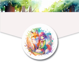  Waterverf Anime Girl en Fox Ronde Sticker