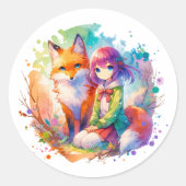  Waterverf Anime Girl en Fox Ronde Sticker (Voorkant)