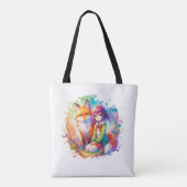 Waterverf Anime Girl en Fox Tote Bag (Achterkant)