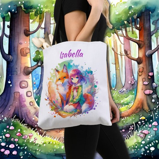 Waterverf Anime Girl en Fox Tote Bag