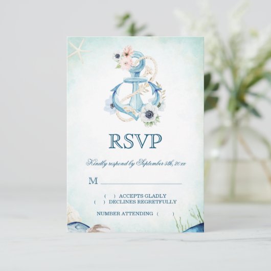 Waterverf Anker Bloemen Zeester Strand Bruiloft RSVP Kaartje (Staand voorkant)