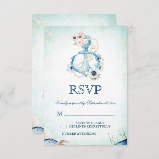 Waterverf Anker Bloemen Zeester Strand Bruiloft RSVP Kaartje (Voorkant / Achterkant)