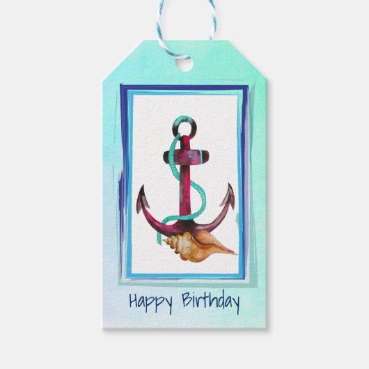 Waterverf Anker en Seashell Happy Birthday Cadeaulabel (Voorkant)