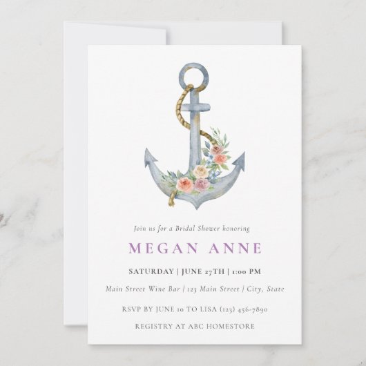 Waterverf Anker & Flowers Trouwdouche uitnodigen Kaart (Voorkant)