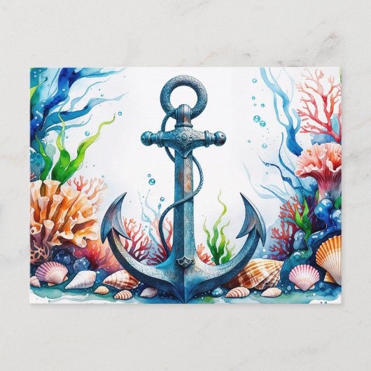 Waterverf anker, koraalrif, schelpen briefkaart (Voorkant)