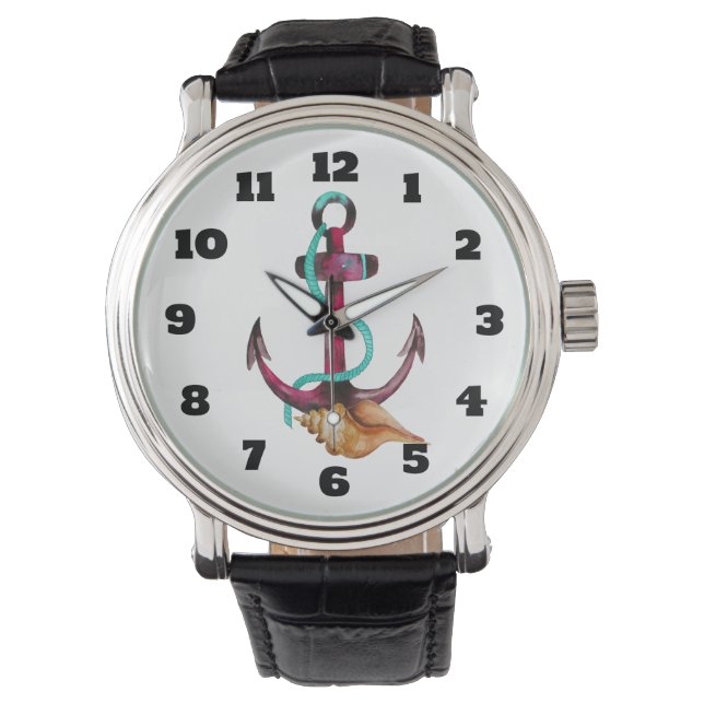 Waterverf anker met touw en schelp horloge (Voorkant)