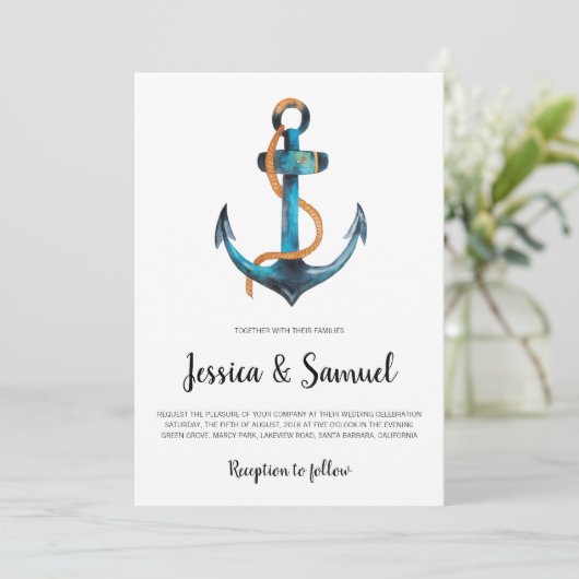 Waterverf anker moderne nautische bruiloft kaart (Staand voorkant)