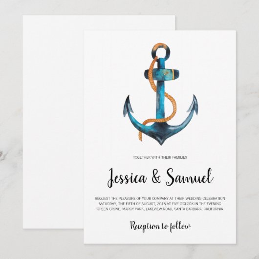 Waterverf anker moderne nautische bruiloft kaart (Voorkant / Achterkant)