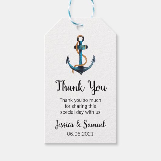 Waterverf anker nautische bruiloft dank u cadeaulabel (Voorkant)