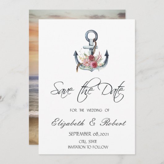 Waterverf ankerbloemen (Nautical Save the Date) Save The Date (Voorkant / Achterkant)