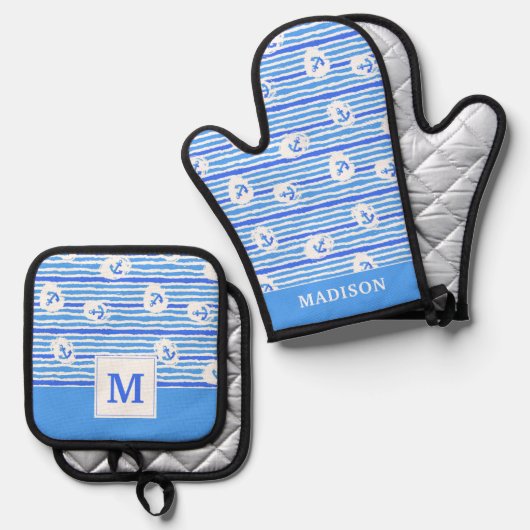 Waterverf Ankerpatroon | Uw Initiaal toevoegen Ovenwant & Pannenlap Set (Voorkant / Achterkant)