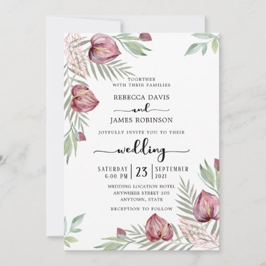 Waterverf Anthurium Bloemen Huwelijksuitnodiging Kaart (Voorkant)