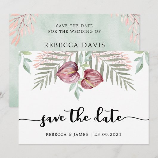 Waterverf Anthurium Floral Save the Date Kaart (Voorkant / Achterkant)